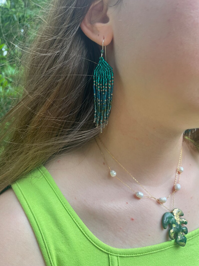 Sterling Silver Emerald Green Beaded Earrings Long Earrings Etsy