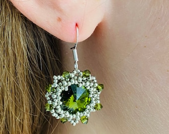 Chartreuse olive green Swarovski crystal sterling silver dangle earrings, handmade unique holiday jewelry gift boho green statement earrings