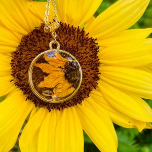 May include: A gold necklace featuring a circular pendant with dried yellow flower petals. The pendant hangs from a delicate chain, set against a vibrant yellow sunflower with a dark brown centre.