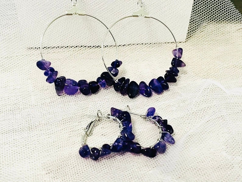 Amethyst earrings, Custom hoop earrings with Amethyst beads, jewelry gift daughter, crystal hoop earrings, February Birthstone earrings wife image 3