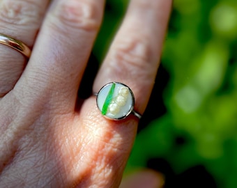 Personalized Lily of the Valley Pressed Flower Ring: Adjustable Silver May Birth Flower Jewelry