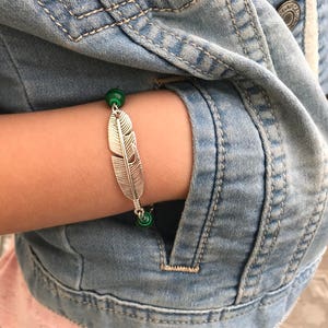 Personalized birthstone feather bracelet Silver Malachite bracelet for her for men friendship bracelet, matching couple bracelets minimalist image 2
