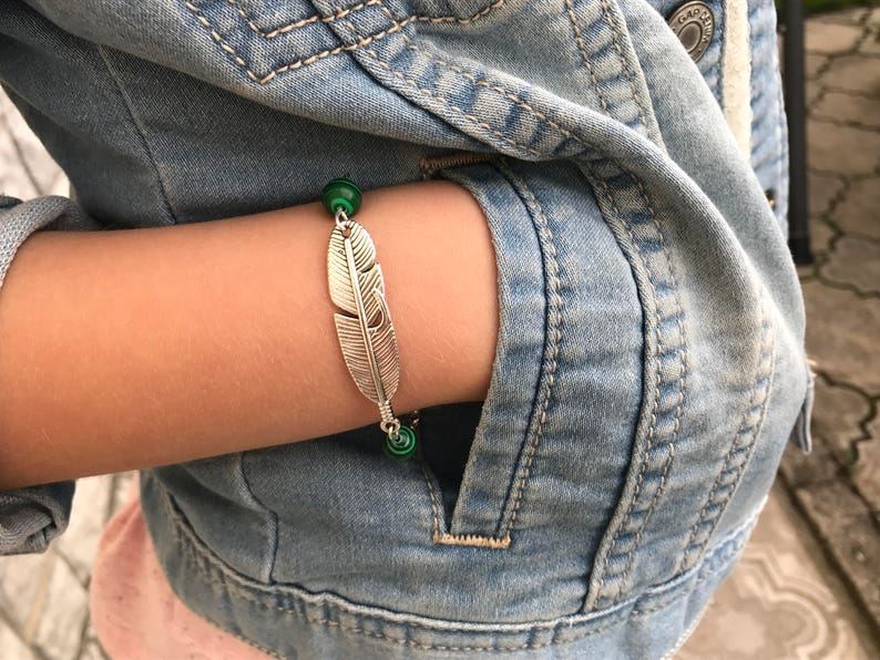 Personalized birthstone feather bracelet Silver Malachite bracelet for her for men friendship bracelet, matching couple bracelets minimalist image 2