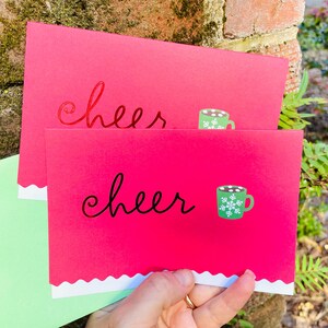 Vintage Christmas Cheer Red & Green Holiday Card with Hot Cocoa Snowflake Christmas Winter Greeting Card Boxed cute gift for neighbors mom