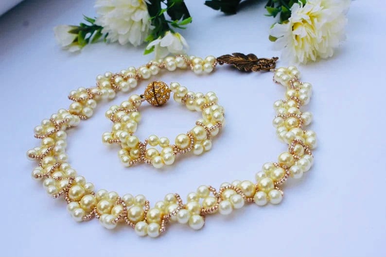 Swarovski pearl wedding necklace for bride, pearl collar necklace, pearl necklace graduate bridal jewelry set daughter, prom choker for her image 1