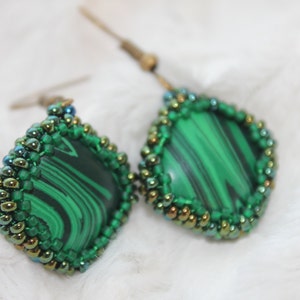 Malachite earrings, crystal earrings, gemstone green stone earrings, simple earrings, dangle square earrings, Mothers Day gift for her mom image 6