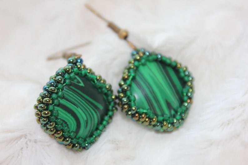 Malachite earrings, crystal earrings, gemstone green stone earrings, simple earrings, dangle square earrings, Mothers Day gift for her mom image 6