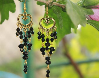 Mothers Day gift, Gold and black Heart earrings, long chandelier earrings, romantic gift for girlfriend wife, bohemian beaded earrings mom