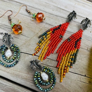Unique handmade earrings, Burnt orange gold statement earrings, Leaf stud earrings big, Long seed beaded Fringe earrings, jewelry for her image 8