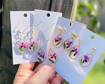 Sweat Pea Earrings Dangle: April Birth Flower, Pink Pressed Flower Resin Jewelry Gold