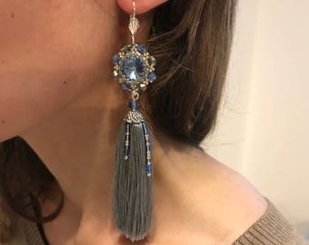 Earrings. Beaded Blue tassel earring. Unique present Bridal Shower,Something Blue. Wife Anniversary jewelry, Graduation gift idea bridesmaid