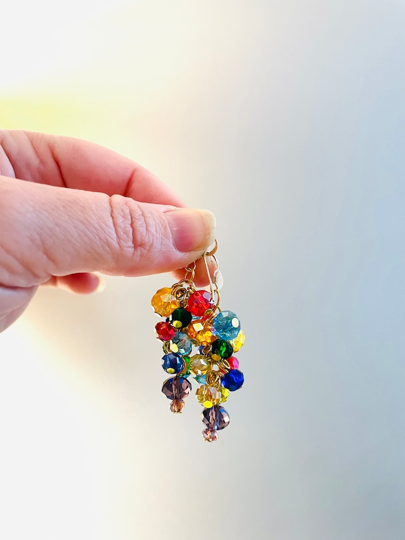 Multicolor crystal earrings dangle Rainbow cluster earrings drop elegant classy earrings gold or silver unique birthday gift for her mother image 9