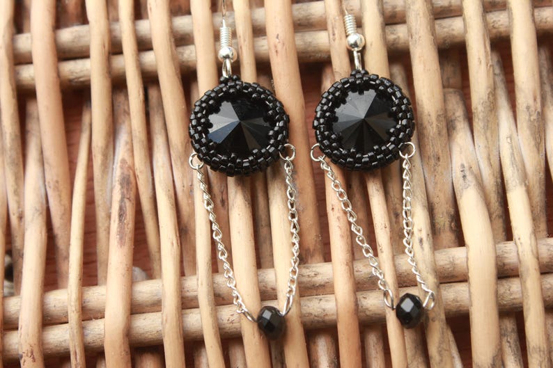 Earrings. Black earrings beaded, Gothic earrings, goth chain earrings, goth jewelry, steampunk earrings, black jewelry for her, self gift, image 3