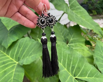 Black and silver earrings, Long tassel earrings, Red Long earrings, Handmade beaded earrings, Seed bead earrings, dangle earrings for mom