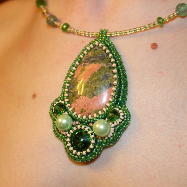 Unakite pendant crystal necklace unique, fertility crystal gift wife, beaded embroidered gemstone chakra jewelry for her, Mothers day gifts