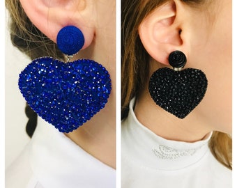 Earrings. Heart earrings, Women's Drop clip-on Earrings, handmade beaded earrings, Floral drop sequins earrings, Indigo blue heart earrings
