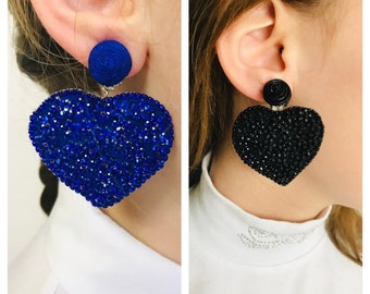 Boucles. Boucles d’oreilles cœur, Boucles d’oreilles à clipser Goutte pour femmes, Boucles d’oreilles perlées faites à la main, Boucles d’oreilles à paillettes florales, Boucles d’oreilles coeur bleu indigo