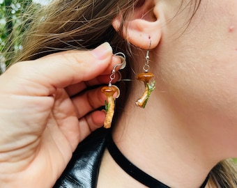 Minimalist Real Mushroom earrings resin for men women unique Whimsigoth gift for her best friend Real Mushroom Pendant Gift for boyfriend