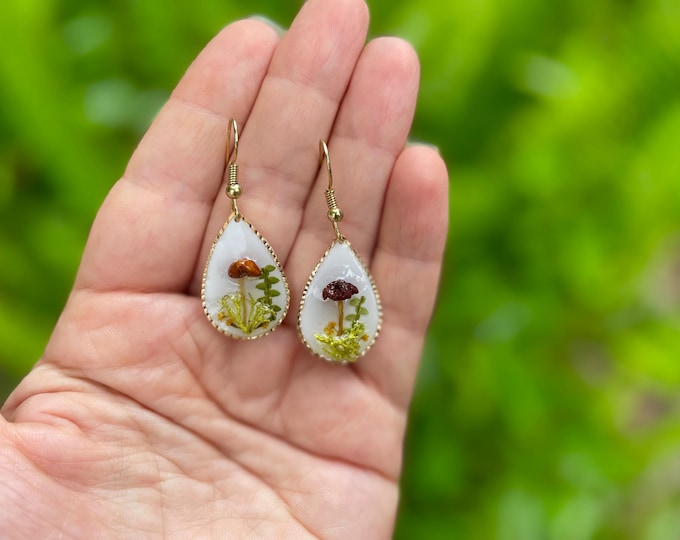 Teardrop Mushroom Moss Earrings: 14K Gold Dangle, Woodland Fairy Jewelry