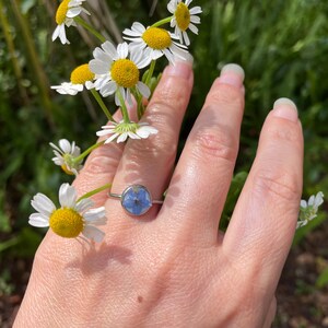 K&ouml;nnte beinhalten: Ein silberner Ring mit einer blauen Blume, die in eine klare Harzfassung gepresst ist. Der Ring wird an einem Finger getragen, im Hintergrund sind wei&szlig;e G&auml;nsebl&uuml;mchen zu sehen.