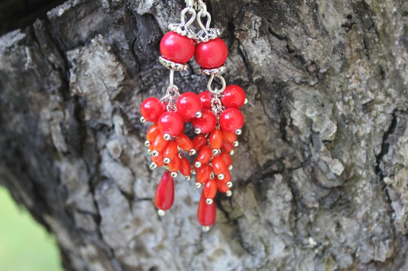 Valentines day Red coral statement earrings gift for women, mom birthday gift gemstone cluster earrings, unique gift for her dangle earrings image 3