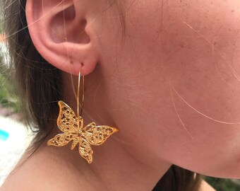 14k gold huggie earrings, filigree butterfly earrings, huggie hoop earrings silver, butterfly earrings dangle, silver butterfly earrings