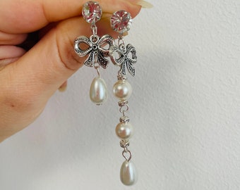 Bow Earrings Pearl Coquette Jewelry Bridal Earrings Swarovski Pearl Earrings Pearl Bow Earrings Post Earrings Gift For Her Bow Post Earrings