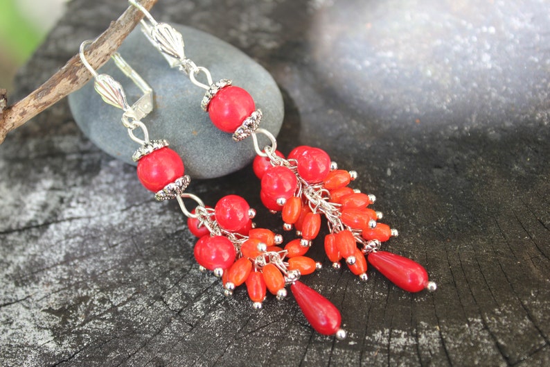 Valentines day Red coral statement earrings gift for women, mom birthday gift gemstone cluster earrings, unique gift for her dangle earrings image 5