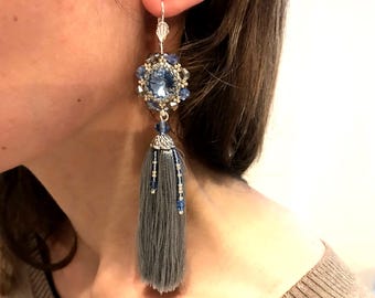 Dusty Blue Swarovski Crystal Beaded Silk Tassel Earrings: Bridal Something Blue Jewelry Handmade 5 inch