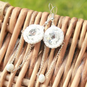 swarovski dangle earrings, Silver chain drop earrings gift for her women, Long chandelier bridal earrings, Formal earrings, wedding earrings image 3