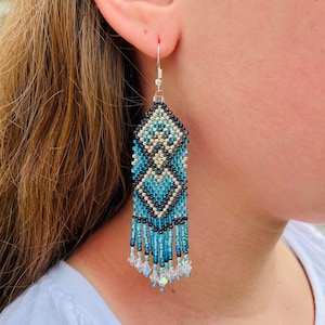 Turquoise beaded earrings Long earrings Fringe earrings Ombre earrings Seed bead earrings Chandelier earring Boho beadwork earrings Dangle