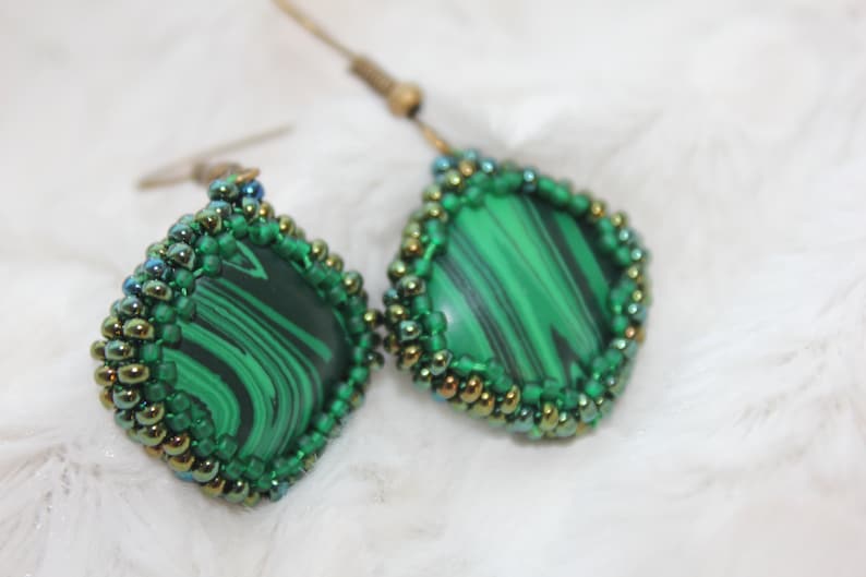 Malachite earrings, crystal earrings, gemstone green stone earrings, simple earrings, dangle square earrings, Mothers Day gift for her mom image 3