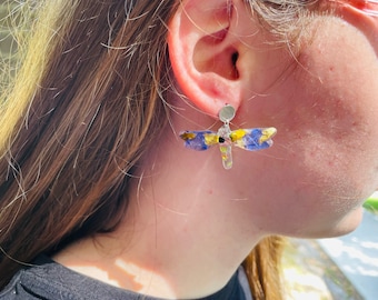 Dragonfly earrings with Birth month flower Birthday gift Custom pressed wildflower resin jewelry mothers day gift for aunt wife