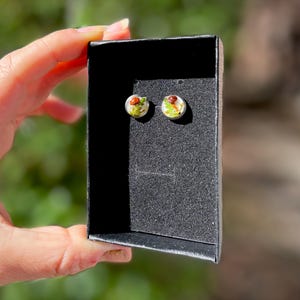 May include: A pair of small, round earrings with a clear resin base and a small, colorful flower design inside. The earrings are displayed in a black box.