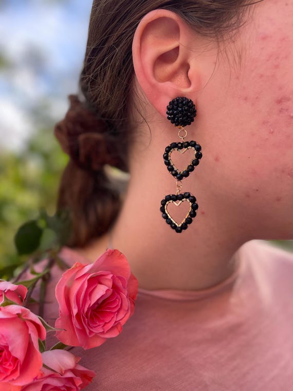 Schwarz Gold Herz Perlen Hoop Ohrringe Clip Auf oder Bolzen lange