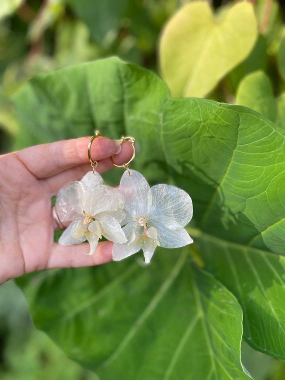 Real Orchid Earrings: Gold Hoop Earrings Resin, Unique White Wedding Bridal Jewelry