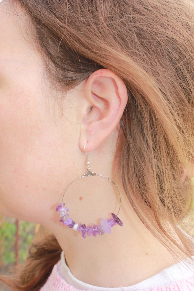 Amethyst earrings, Custom hoop earrings with Amethyst beads, jewelry gift daughter, crystal hoop earrings, February Birthstone earrings wife image 6