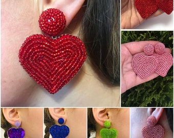 Valentines day heart earrings beaded | Red pink black big heart earrings clip on unique handmade valentines day gift for her wife girlfriend