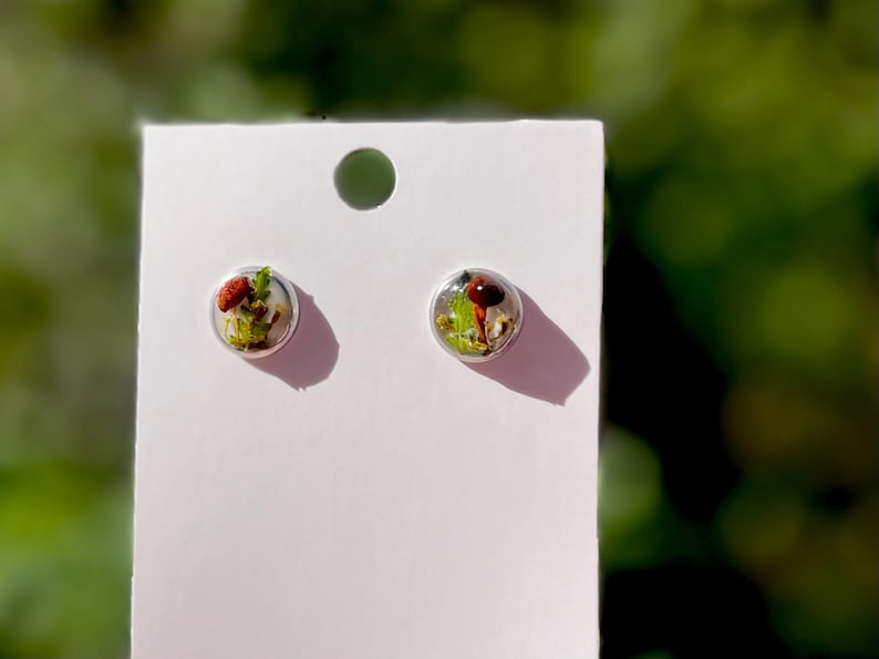 May include: A pair of small, round earrings with a clear resin setting. Each earring features a small, dried mushroom with green moss and a red cap.
