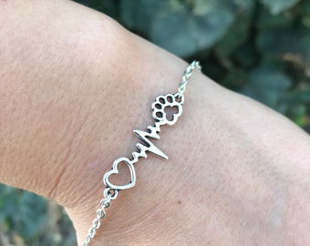 Paw Print Bracelet, Sterling silver Heartbeat charm chain bracelet, Dog Cat Mom Jewelry Dainty Paw Charm Bracelet for Women