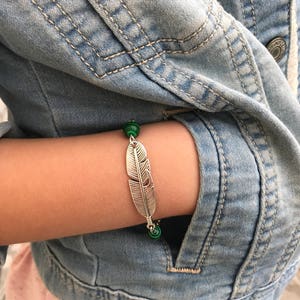 Personalized birthstone feather bracelet Silver Malachite bracelet for her for men friendship bracelet, matching couple bracelets minimalist image 4