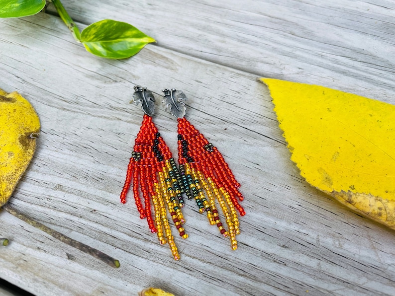 Unique handmade earrings, Burnt orange gold statement earrings, Leaf stud earrings big, Long seed beaded Fringe earrings, jewelry for her image 1