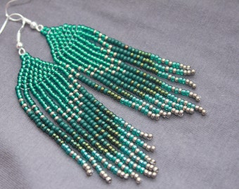 Emerald beaded earrings, Long earrings Fringe earrings, Ombre earrings Seed bead earrings, Chandelier earring Boho, beadwork earrings Dangle