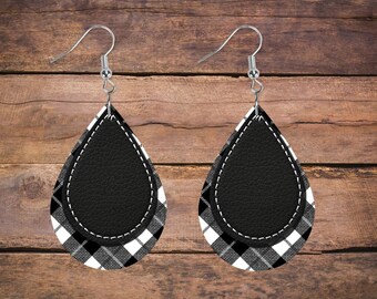 10 pcs - Great for Light Earrings or Dangles! 2.8 Black Faux Leather Dangle Charms Pendants Triple Layer 71mm Leaf