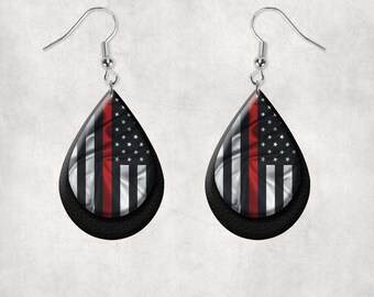 Teardrop Earrings Back the Firefighters Thin Red Line Teardrop Earrings Back The Red