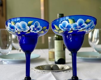 Cobalt blue margarita glass, cocktail glass margarita lover gift, blue flowers wedding gift, tea light candle holder, blue dessert cup