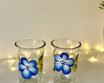 Shot glass set painted blue flowers summer wedding party favors, 30 birthday gift for women tiered tray decor, 21st birthday gift for her