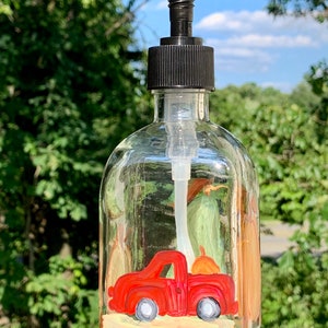 Painted lotion or soap dispenser bottle, fall red truck design,  perfect in any kitchen or bathroom.