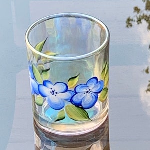 Painted candle holder blue flowers, birthday gift for her, tea light votive holder, step mom gift, mother of groom gift, blue glass decor