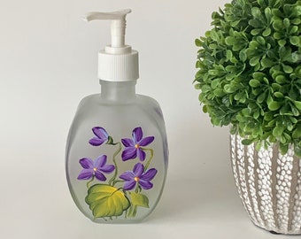 Hand painted soap dispenser, soap dish, lotion dispenser, hand soap bottle, violets pump, glass soap dispenser
